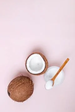 Coconuts on pink background, top view. 스톡 사진