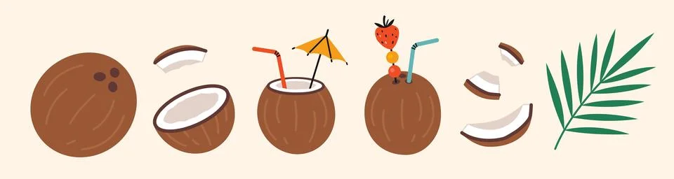 Coconuts set with tropical cocktail elements, shells, umbrella, straw, leaf.. Stock Illustration