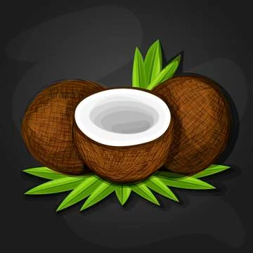 Coconuts with various coconut dish ideas and benefits coconut cake, coconut m Illustrazione stock