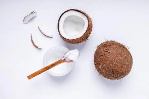 Coconuts on whie background, top view Stock Photos