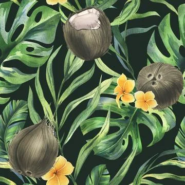 Coconuts whole, halves and pieces with bright, green, tropical palm leaves and Stock Illustration