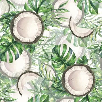 Coconuts whole, halves and pieces with bright, green, tropical palm leaves and Stock Illustration