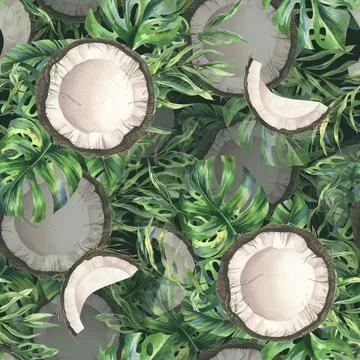 Coconuts whole, halves and pieces with bright, green, tropical palm leaves and Stock Illustration