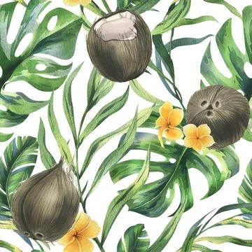 Coconuts whole, halves and pieces with bright, green, tropical palm leaves and Stock Illustration