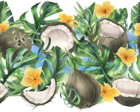 Coconuts whole, halves and pieces with bright, green, tropical palm leaves and Stock Illustration