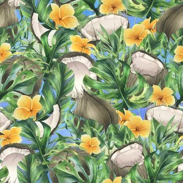 Coconuts whole, halves and pieces with bright, green, tropical palm leaves and Stock Illustration