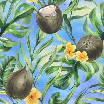Coconuts whole, halves and pieces with bright, green, tropical palm leaves and Stock Illustration