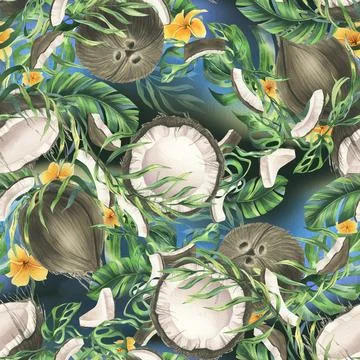 Coconuts whole, halves and pieces with bright, green, tropical palm leaves and Stock Illustration