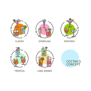 Coctails Concept Thin Line Icons Labels Set. Vector Stock Illustration