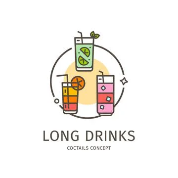 Coctails Long Drinks Thin Line Icon Concept. Vector 스톡 일러스트