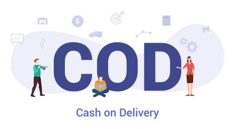 Cod cash on delivery concept with big word or text and team people with moder 스톡 일러스트