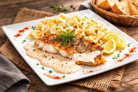 Cod fillet with cream sauce and pasta Stock Photos