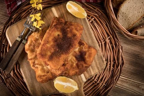 Cod fillet fried in breadcrumbs. Stock Photos
