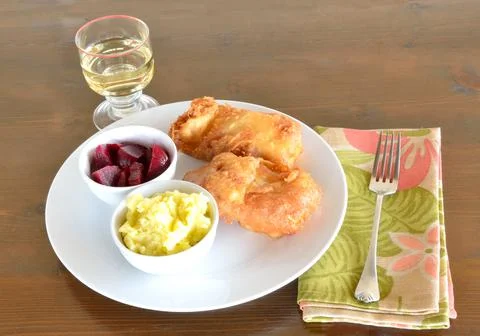 Cod fish fillet ,garlic dip, roasted beet salad and wine Stock Photos