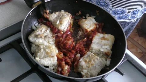 Cod fish is fried in a pan. healthy food concept Stock Footage 154444837