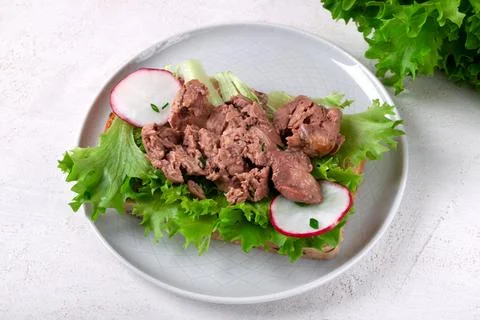 Cod liver served on bread slice with lettuce leaf and radish Stock Photos