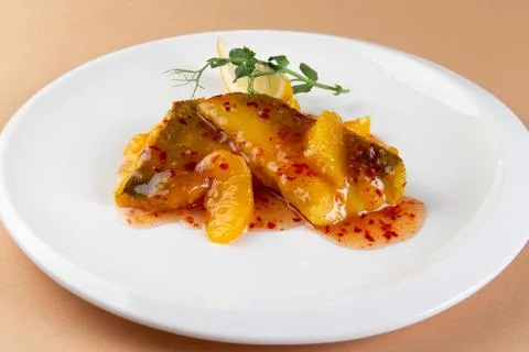 Cod in sweet chili sauce. Stock Photos