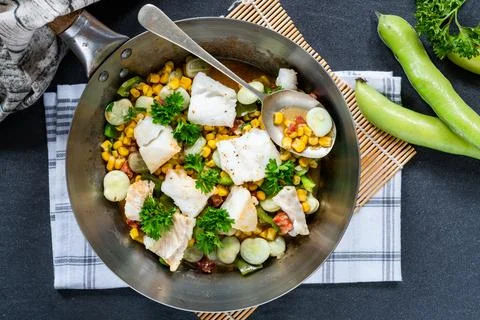 Cod, sweetcorn and broad beans succotash Stock Photos