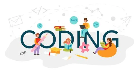 Codding typographic header. IT education, student writing a software Stock Illustration