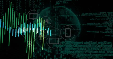 Code activating globe rotating, waveform emerging and icons joining visualizing Stock Footage 310637122