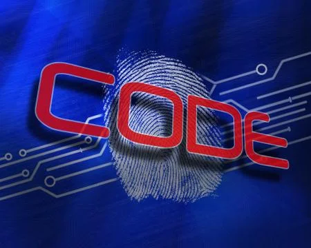 Code against fingerprint on digital blue background Stockillustratie