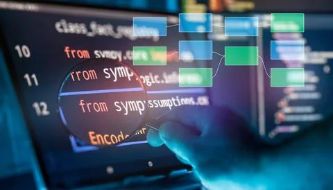 Code Analysis and Software Architecture Review Concept with Magnifying Glass  库存照片