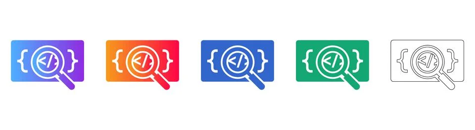 Code Analysis Icons with Magnifying Glass in Multiple Styles Stock-Illustration