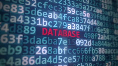 Code and DATABASE text on the computer display. 3D rendering Stock Illustration