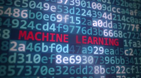 Code and MACHINE LEARNING text on the computer display. 3D rendering Stock Illustration