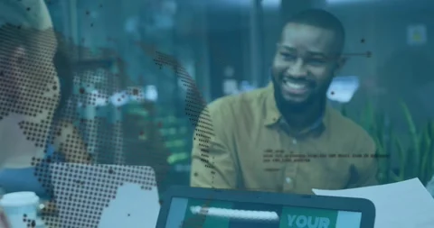Code and map overlay appearing female coder typing laptop sliding papers as male Stock Footage 328934943