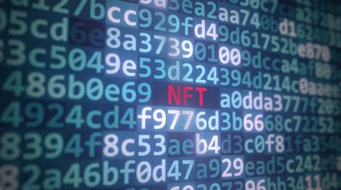 Code and NFT text on the computer display. 3D rendering Stock Illustration