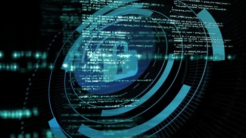 Code and nodes starting radial HUD forming, aligning rings, revealing padlock, Stock-Footage 335732115