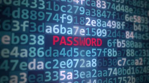 Code and PASSWORD text on the computer display. 3D rendering Illustrazione stock