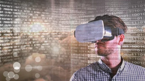 Code and technology interface with virtual reality headset on man Video stock 98057946