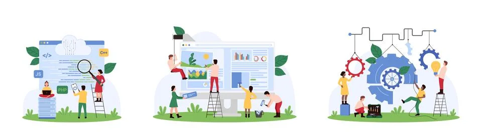 Code and web design development, website optimization process by tiny people set Stock Illustration