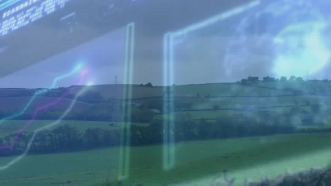 Code appearing, cyan bars pulsing, sphere fading, scan line sweeping fields for Stockbeeldmateriaal 327592944