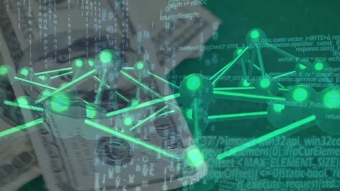 Code appearing, green 3D lattice rotating, shifting, face and money overlays Stock Footage 329240232