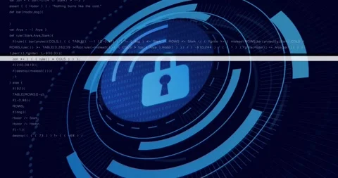 Code appearing igniting central HUD, rings rotating and padlock pulsing, Video stock 321100317