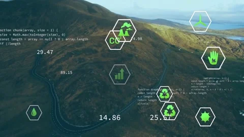 Code appearing over hills starting icons updating values and visualizing climate Stock Footage 329372526