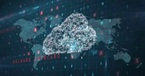 On code appearing over map points coalescing into cloud as warnings flashing Stock Footage 327898411