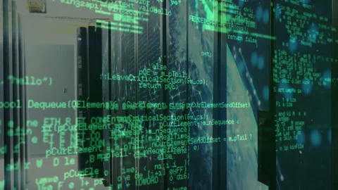 Code appearing on racks scrolling functions and camera panning visualizing Video stock 312407597