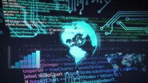Code appearing triggers cyan 3D globe rotating as scrolling code adjusts bar Stock Footage 317799945