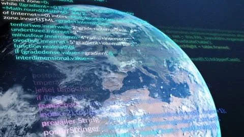 Code appearing at upper-left and scrolling over globe, 3D-rendered Earth Stock Footage 332566233
