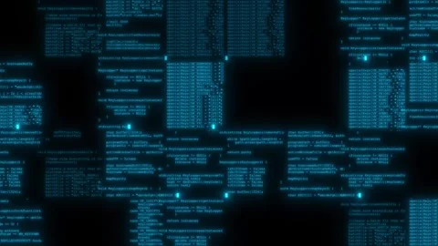 Code array. Server operations on black background. Blue lines of code go up from Stock Footage 243471267