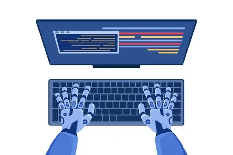 Code automation development, programming using AI, top view of coding robot Stock Illustration