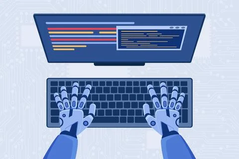 Code automation development, programming using AI, top view of coding robot Stock Illustration
