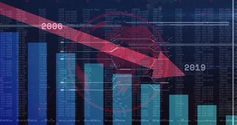 Code backdrop animating bars shifting while red arrow swooping across year Stock Footage 311201084
