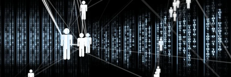 Code binary interface and black background with people connections Illustrazione stock