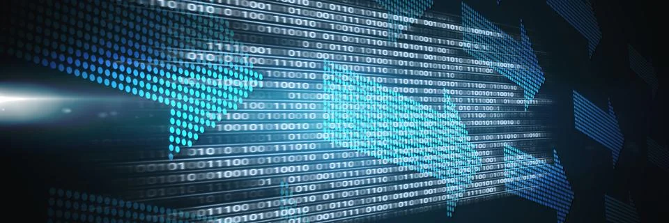Code binary interface and blue arrows background Stock Illustration