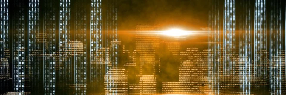 Code binary interface and yellow city background Stock Illustration